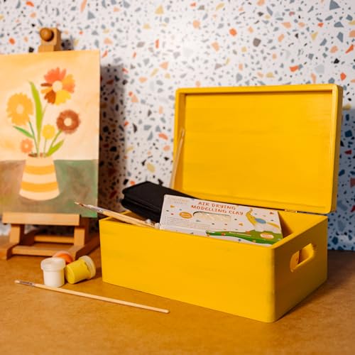 Creative Deco Large Yellow Wooden Box Storage with Hinged Lid - color: Yellow, size: L | Handles