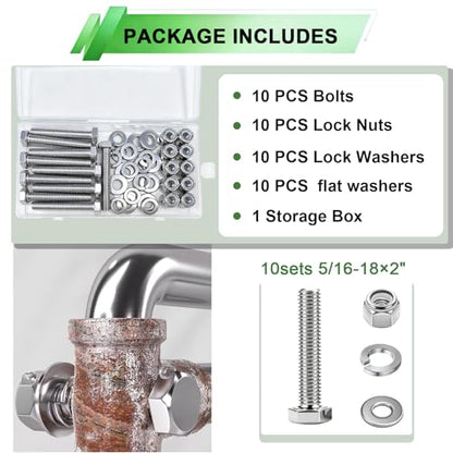 10 Sets 5/16-18×2" Stainless Steel Hex Head Screws Bolts, Nuts, Flat & Lock Washers,18-8(304) Full Thread - color: Silver-hex, size: 5/16-18×2"(10 sets)