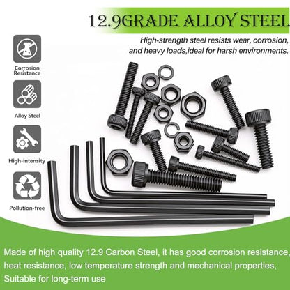 mxuteuk 888PCS Metric Screws Assortment,M4 M3 M2.5 M2 Screws Kit, Suitable for 3D Printing DIY, Grade 12.9 Alloy Steel Hex Socket Head Cap Bolts Nuts and Washers Kit, Black Zinc Plated - size: 888PCS M2-M4