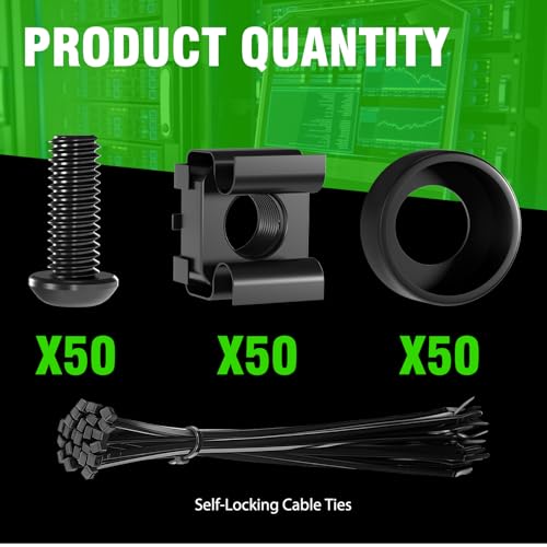 50 PACK M6 x 16mm Rack Mount Cage Nuts, Screws and Washers for Rack Mount Server Cabinet, Rack Mount Server Shelves, Routers, Rack Mount Screws and Square Insert Nuts, Self-Locking Cable Ties for Free - color: Black
