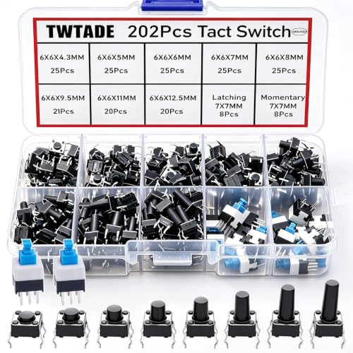 TWTADE 202PCS Micro Momentary Tactile Push Button Switch Assortment Kit 10 Values 4 Pin/6Pin 6x6mm & 7x7mm Tact Switches - color: Black-4 Pin