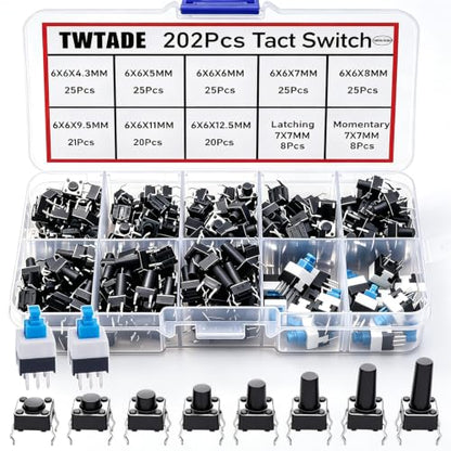 TWTADE 202PCS Micro Momentary Tactile Push Button Switch Assortment Kit 10 Values 4 Pin/6Pin 6x6mm & 7x7mm Tact Switches - color: Black-4 Pin