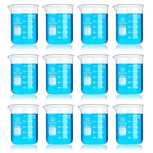 12pcs Glass Beakers Set, 50ml/1.7oz Lab Glassware Beaker Measuring Cups, Low Form 3.3 Borosilicate Glass Graduated Beaker for Science Chemistry Party Classroom Kitchen - style: 12pcs