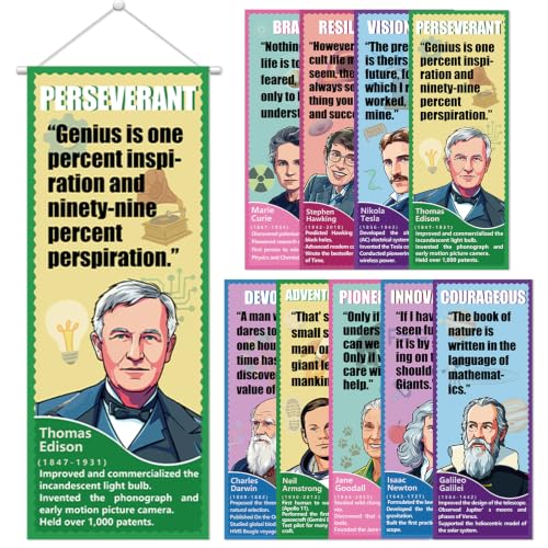 9 Pcs Famous Scientists Hanging Poster Educational Science Classroom Decor 41x16in Celebrity Inspirational Banner Decorations Motivational Wall Art for Back to School Classroom Library Office