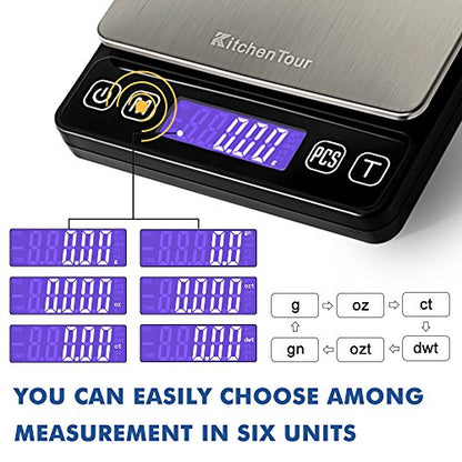 KitchenTour Mini Gram Scale for Coffee, Jewelry and Small Items, 500g x 0.01g Digital Pocket Scale with Tare, 6 Units, Back-Lit LCD, 2 Trays, Black - size: 500g/0.01g (Pack of 1)