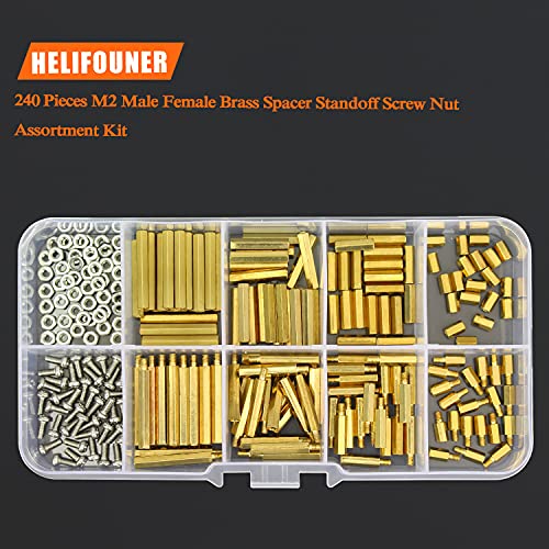 HELIFOUNER 240 Pieces M2 Male Female Hex Brass Spacer Standoff Screw Nut Assortment Kit - size: M2 Brass Standoff Kit