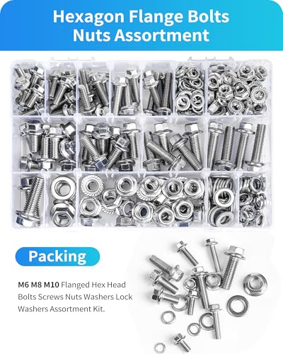 300Pcs Metric Flange Bolts Assortment, M6 M8 M10 Flange Hex Bolts and Nuts Washers Kit, 304 Stainless Steel Serrated Flange Nuts and Bolts, M6x1.0, M8x1.25, M10x1.5 (12mm to 30mm)(Silver) - color: Silver