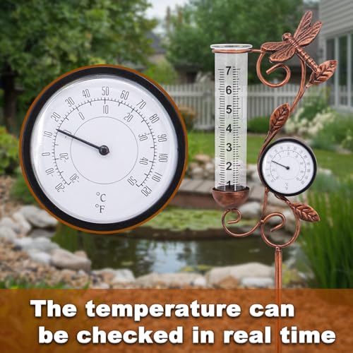 36.5in Dragonfly Rain Gauge Thermometer Bronze Metal Garden Stake Decor - color: Bronze Dragonfly