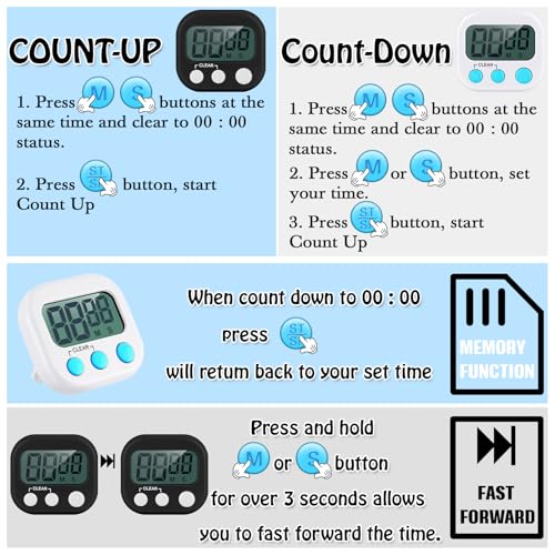 Xuhal 50 Pieces Digital Kitchen Timer Bulk, Small Magnetic Timers for Classroom, Digits Stopwatch Clock Timer for Cooking Baking Sports Games Office, Not Including Battery (Black,White) - color: Black,white