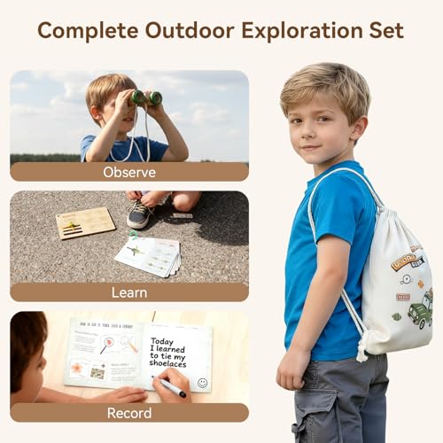 Kids Outdoor Explorer Kit Ages 4–8, Wooden Binoculars, Compass and Knot-Tying Board, Nature STEM Learning & Camping Toy Birthday Gift for Boys and Girls