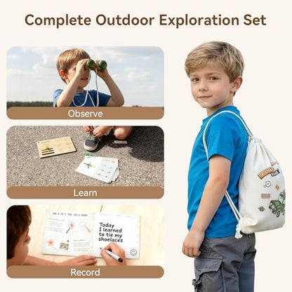 Kids Outdoor Explorer Kit Ages 4–8, Wooden Binoculars, Compass and Knot-Tying Board, Nature STEM Learning & Camping Toy Birthday Gift for Boys and Girls