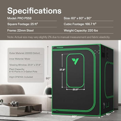 VIVOSUN P558 PRO Grow Tent 5x5 Large Indoor Grow Tents 60"x60"x 80" - size: 60"x60"x80"