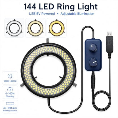 Microscope LED Ring Light Illuminator, USB 5V 144 LED Color Temperature Adjustable, 4 Zone RGB, Focus Lamp Source for Monocular Binocular Trinocular Stereo Microscope Vision Scientific (144 CW WW) - color: 144 LED CW WW
