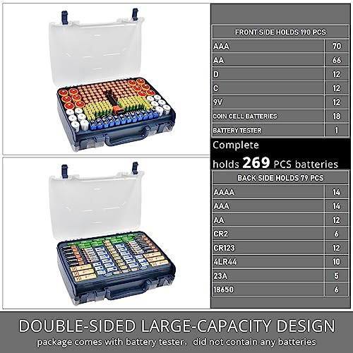 Battery Organizer Storage Case with Tester for 269 Batteries, Double Sides (Blue) - color: Blue
