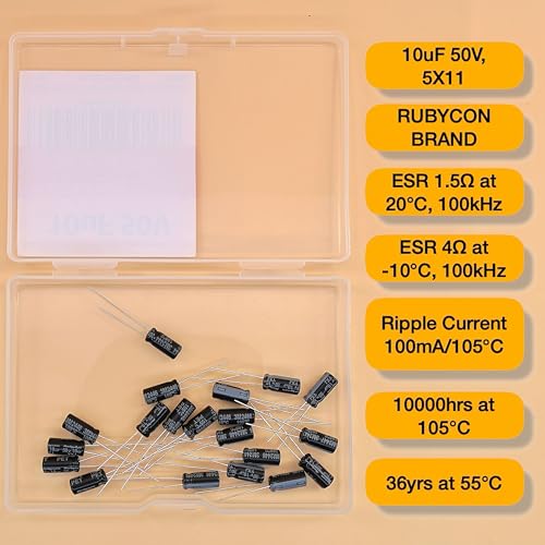 10uF 50V 5x11mm Rubycon Electrolytic Capacitor Low ESR 1.5Ω Long Life 36yrs at 55 Degree C mfd mircofarad Micro Farad adial Lead Aluminum Capacitors (Pack of 15) - style: 10uF 50V 5x11mm Rubycon