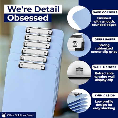 Light Blue Plastic Clipboard with Low Profile Clip (Pack of 6) - Letter Size Clipboard Blue with Flat Clip, A4 Size Acrylic Clip Board for Boys and Girls | Cute College & Back to School Supplies - color: Light Blue