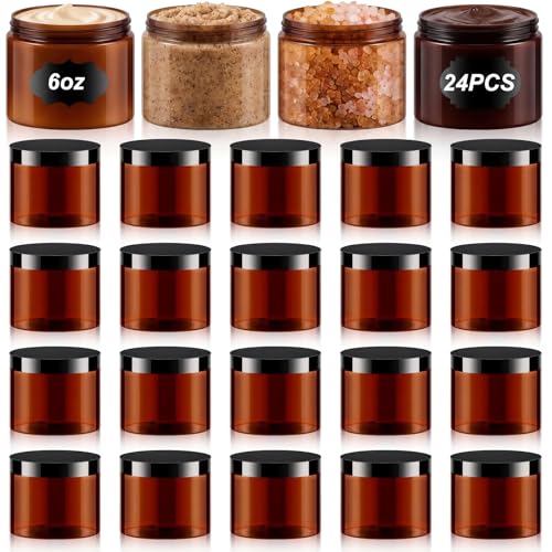 24 Pack 6 oz Clear PET Cosmetic Jars with Black Lids and Labels for Creams - color: Amber with Black Lid, size: 6 oz