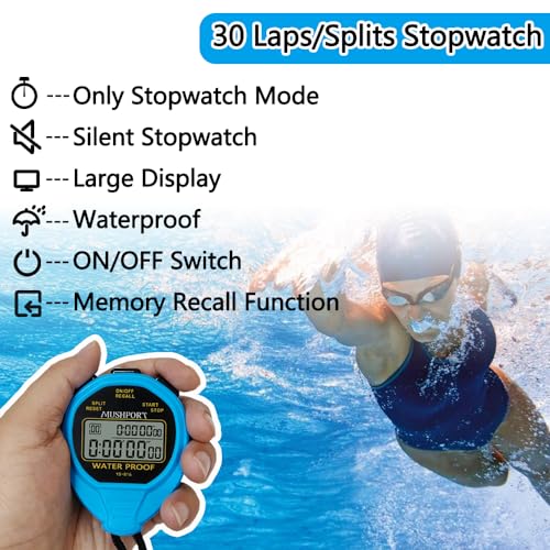 Waterproof Stopwatch Timer 30 Laps/Splits Digital Stop-Watch, Blue - style: 30 laps/splits waterproof-blue