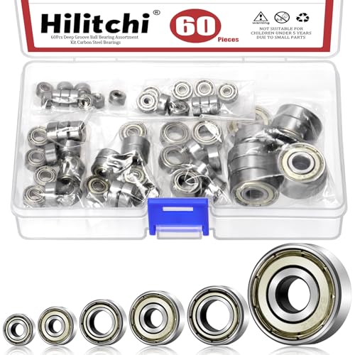 Hilitchi 60PCS 6 Sizes Deep Groove Ball Bearings Assortment Kits 4MM 5MM 7MM Double Shield Deep Groove Bearings Double Shield Carbon Steel Bearings for VORON Printer(Silver)