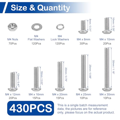 430Pcs M4 Button Head Socket Cap Screws Assortment Kit with Nuts Washers - size: M4 Screws Kit