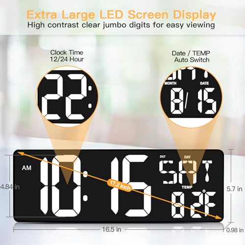XREXS 17.2 Inch Large Digital Wall Clock with Remote Control - color: White
