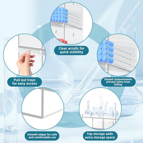 Acrylic Test Tube Rack, Clear Tube Holder Organizer Stand with 9 Compartments, Extra Bottom Storage, and 4 Pull-Out Trays, Wall Mount or Countertop for Lab, Hospital, Office, 16"H x 12"W x 5.5"D - size: 9 Compartment 16" H x 12" W x 5.5" D