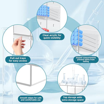 Acrylic Test Tube Rack, Clear Tube Holder Organizer Stand with 9 Compartments, Extra Bottom Storage, and 4 Pull-Out Trays, Wall Mount or Countertop for Lab, Hospital, Office, 16"H x 12"W x 5.5"D - size: 9 Compartment 16" H x 12" W x 5.5" D