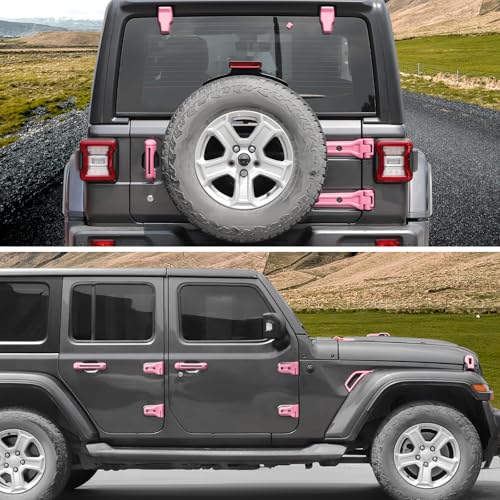 CheroCar 43PCS Full Set Exterior Trim Kit Fit for 2018-2026 Jeep Wrangler JL 4Door Pink Door Handle,Hood Hinge,Left Right Door Hinge,Tailgate Handle,Spare Tire Bracket,Fender Vent Cover Trim - color: Pink