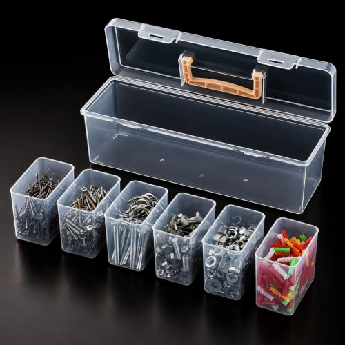 Tool Storage Box, Small Parts Organizer with 1 Outer Box & 6 Removable Dividers, Hardware Container Gift for Men Screws, Nuts, Electronics, Crafts, Fishing, Garage, Father's Day