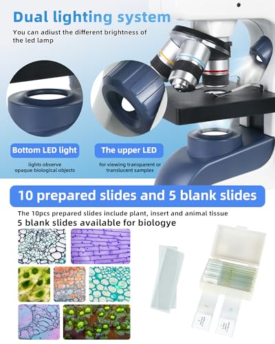 Professional Compound Monocular Microscopes for Adults, Kids 8-12 & Students | 40X-2000X Magnification Lab & Home Microscope with Phone Holder, Complete Slides Set