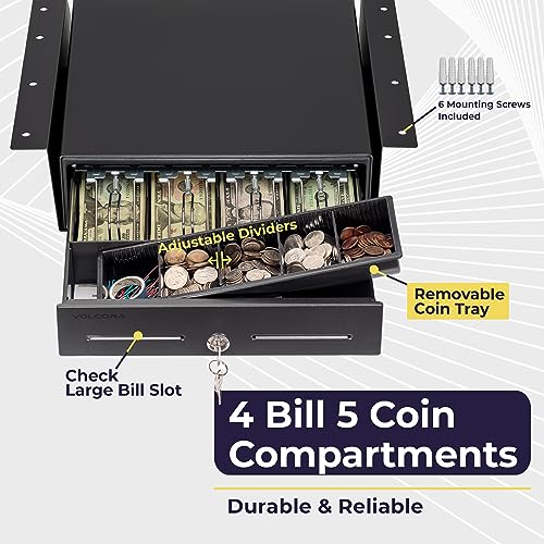 Volcora 13" Electronic Cash Register Drawer with Under Counter Mounting Metal Bracket - POS, 4 Bill 5 Coin Cash Tray, Removable Coin Compartment, 12-24V RJ11/RJ12 Key-Lock, Media Slot, Black - color: Black