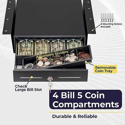 Volcora 13" Electronic Cash Register Drawer with Under Counter Mounting Metal Bracket - POS, 4 Bill 5 Coin Cash Tray, Removable Coin Compartment, 12-24V RJ11/RJ12 Key-Lock, Media Slot, Black - color: Black