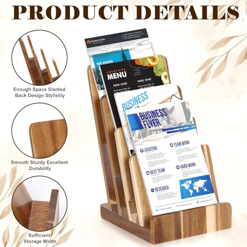 4 Tier Acacia Wood Brochure Display Stand 6 x 9 inch Brochure Holder Pamphlet Display Stand for 5.5 x 8.5 inch 5 x 7 inch Booklets Menus Postcard Holder Multi Purpose Organizer - color: Wood Color Acacia Wood