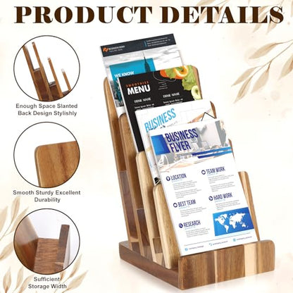 4 Tier Acacia Wood Brochure Display Stand 6 x 9 inch Brochure Holder Pamphlet Display Stand for 5.5 x 8.5 inch 5 x 7 inch Booklets Menus Postcard Holder Multi Purpose Organizer - color: Wood Color Acacia Wood
