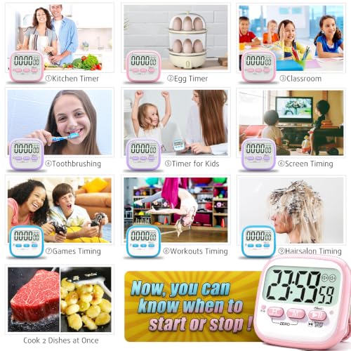 Antonki 2 Pack Classroom Timers for Kids Teachers, Magnetic Countdown Digital Kitchen Timer for Cooking, Study, Exercise, Games, Time Mangement - Loud/Silent Mode - Battery Included - color: Pink & Purple