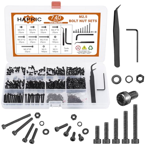 740 Pcs M2.5 Screws Kit M2.5 Screw Assortment Nuts and Bolts Assortment Kit Metric Machine Screw Kit, 12.9 Alloy Steel Black Zinc Plated Hex Socket Head Screws Nuts Bolts and Washers Set - color: Black, size: M2.5 740Pcs