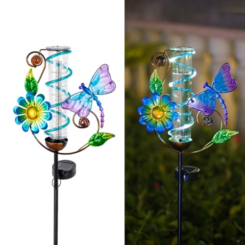 Solar Rain Gauge Outdoor, Dragonfly Rain Gauges for Yard - color: Blue Dragonfly