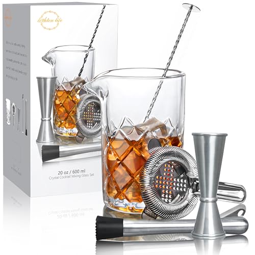LIGHTEN LIFE Cocktail Mixing Glass Set,Bar Mixing Set with 20oz Crystal Thick Bottom Glass,Spoon, Jigger,Strainer and Muddle,5 Pieces Cocktail Mixing Glass Kits Perfect for Amateurs and Bartenders