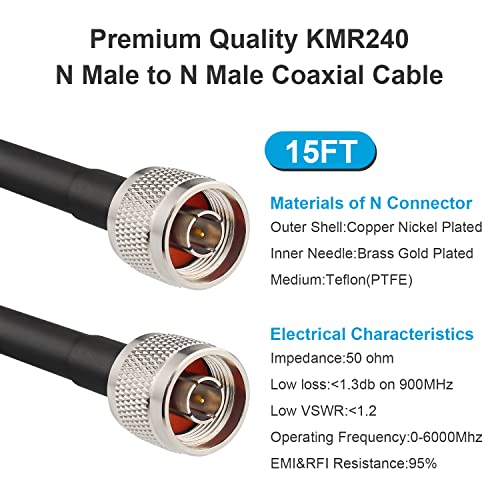 MOOKEERF KMR240 N Cable - 15FT Ultra Low Loss N Male to N Male Cable Pure Copper 50 ohm for Antenna,WiFi Router,Signal Booster, Amplifier - size: 15FT
