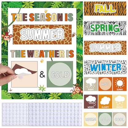 Jungle Animal Season and Weather Calendar Bulletin Board Safari Season Calendar Posters with Weather Cards Hook and Loop Dots for Classroom Wall Decor Preschool Kindergarten Student Teacher Supplies - style: Jungle Animal