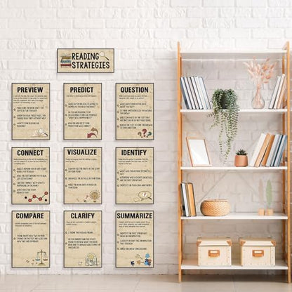 Outus 13 Pcs Reading Strategies Posters Classroom Decorations Reading Bulletin Board Posters Elementary Educational Wall Prints Library Decorations for Middle High Schools Teacher Supplies(Retro) - style: Retro
