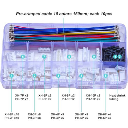 XH2.54 to PH2.0 JST Connector Kit and Pre-Crimped 22AWG Cable,Compatible with JST-XH 2.54mm & JST-PH 2.0mm Cable Connector 2/3/4/5/6/7/8/9/10Pin 16cm Wire (XH-to-PH)