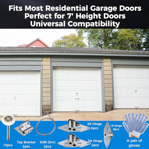 Romalon 2026 Upgraded Garage Door Hardware Kit - 10 Nylon Rollers, 9 Hinges, 2 Top Brackets, 2 x 118 Wire Ropes | Fits 7' Residential Garage Doors