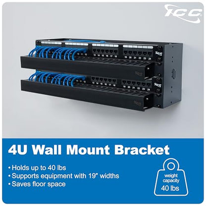 ICC 4U Hinged Wall Mount Rack Bracket, 6" Deep, 40 lb, Black, 1-Pack - size: 1 Pack, style: 4 RMS