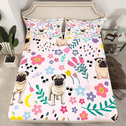 Erosebridal Kids Floral Dog Bed Sheets Full,Girly Pink Shari Pei Print Fitted Sheet for Boys Girls,Love Heart Floral Bed Set,Rustic Cartoon Animal Puppy Bedding Set with 2 Pillowcases,no Flat Sheet - color: Shari Pei, size: Full (No Top/Flat Sheet)