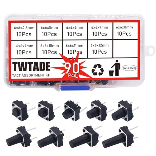 TWTADE 90PCS Micro Momentary Tactile Push Button Switch 6 x 6 x 4.3/5/6/7/8/9/10/11/12mm 2 Pin Tact Switch Assortment Kit - color: Black-2 Pin