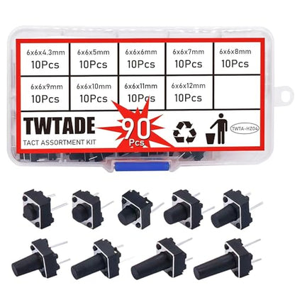 TWTADE 90PCS Micro Momentary Tactile Push Button Switch 6 x 6 x 4.3/5/6/7/8/9/10/11/12mm 2 Pin Tact Switch Assortment Kit - color: Black-2 Pin