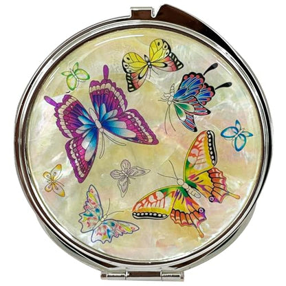 Portable Makeup Compact Double Magnifying Mirror Cosmestic Foldable Pocket Style Unique Mother of Pearl Design (Butterfly) - color: Butterfly