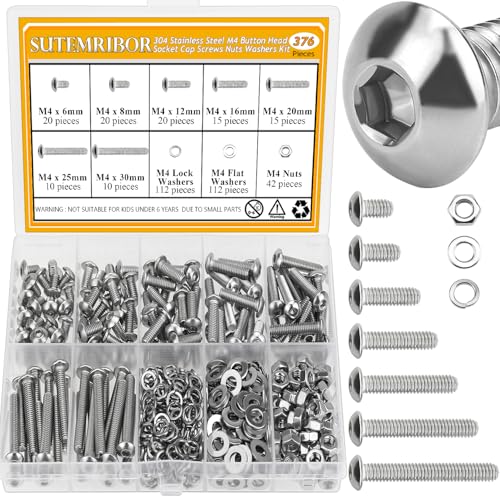 376 Pieces M4 Screws Nuts Washers Set, Sutemribor M4 x 6/8/12/16/20/25/30mm Button Head Socket Cap Screws Nuts Washers Assortment Kit, 304 Stainless Steel, Fully Threaded - size: M4, style: Button Head