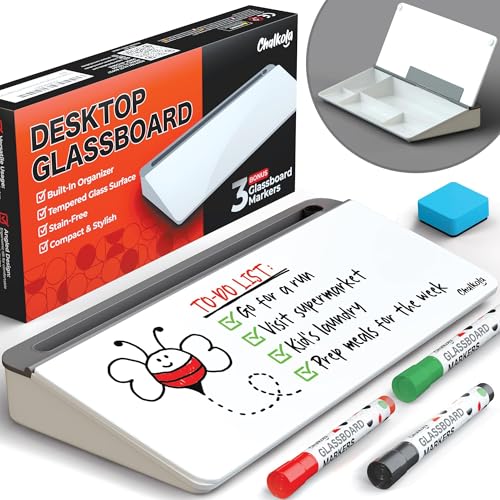 Chalkola Glass Desktop Whiteboard with Storage, Desk Dry Erase Board Buddy - color: White
